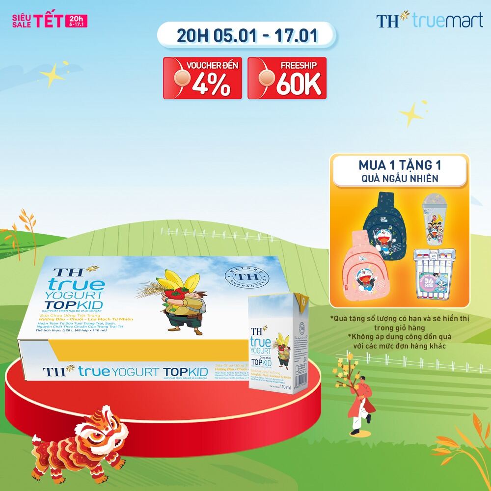 Thùng 48 hộp sữa chua uống tiệt trùng TH true YOGURT TOPKID hương dâu-chuối-lúa mạch tự nhiên 110 ml (110 ml x 48)