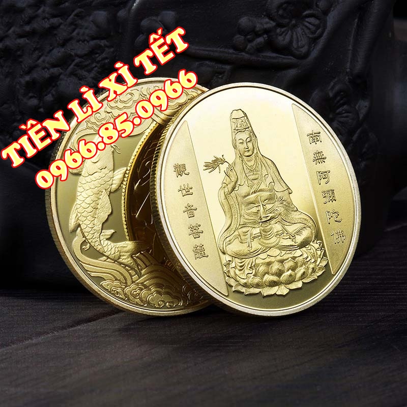 Đồng xu hình phật quan âm kèm túi gấm may mắn quà tặng phong thủy