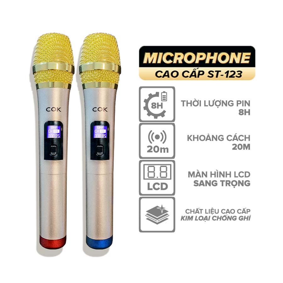 Bộ 2 Micro Karaoke Không Dây Đa Năng COK ST-123 - Thời Lượng Pin 8h Màn Hình LED Chống Nhiễu Chống Hú Giảm Ồn Khoảng Cách 20m - Bảo Hành 6 Tháng