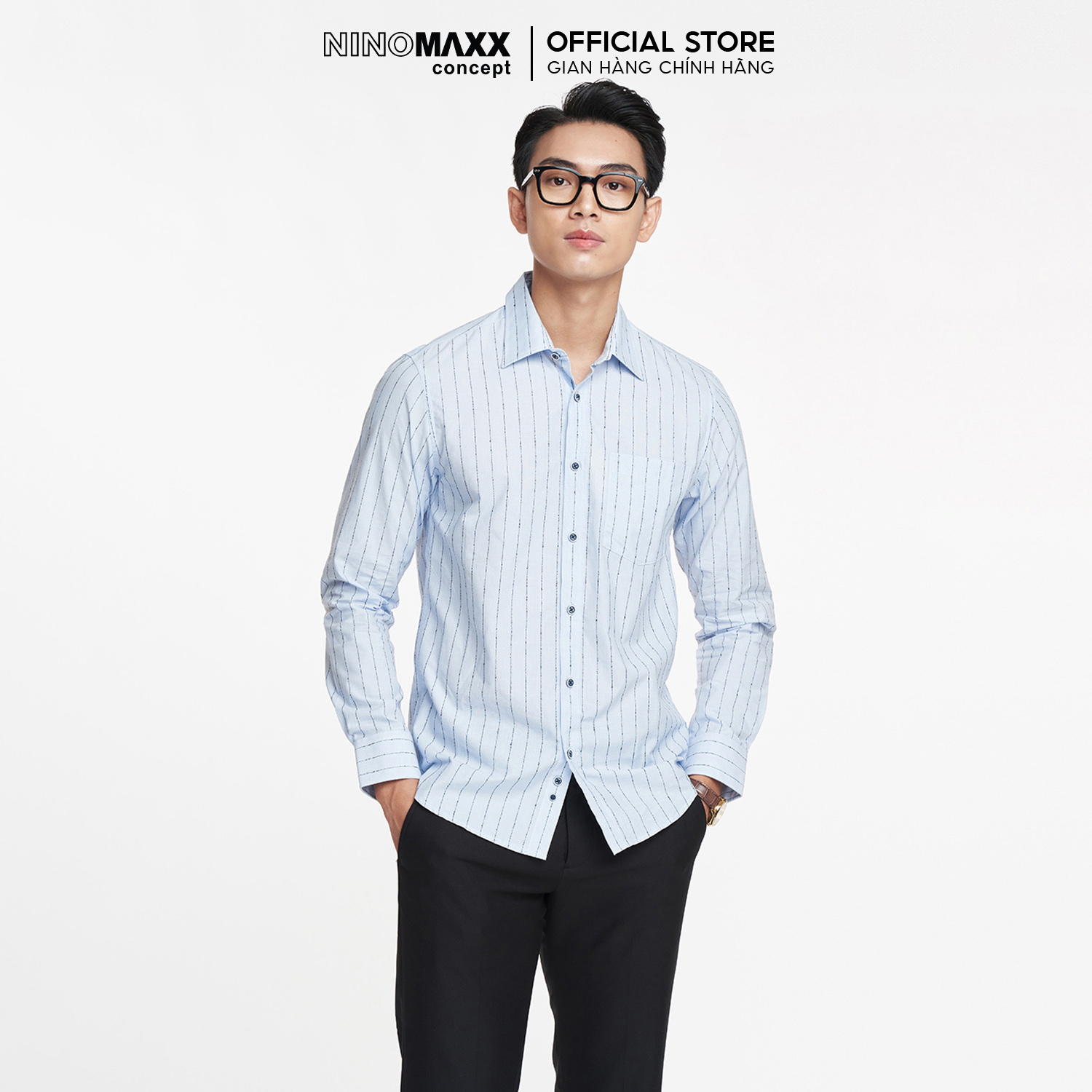 Ninomaxx áo sơ mi tay dài kẻ sọc nam cotton 2011092