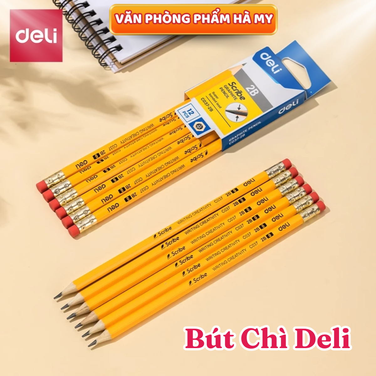 (Hộp 12 Cây) Bút chì Deli 2B C037 Thân Lục Giác Kèm Gôm