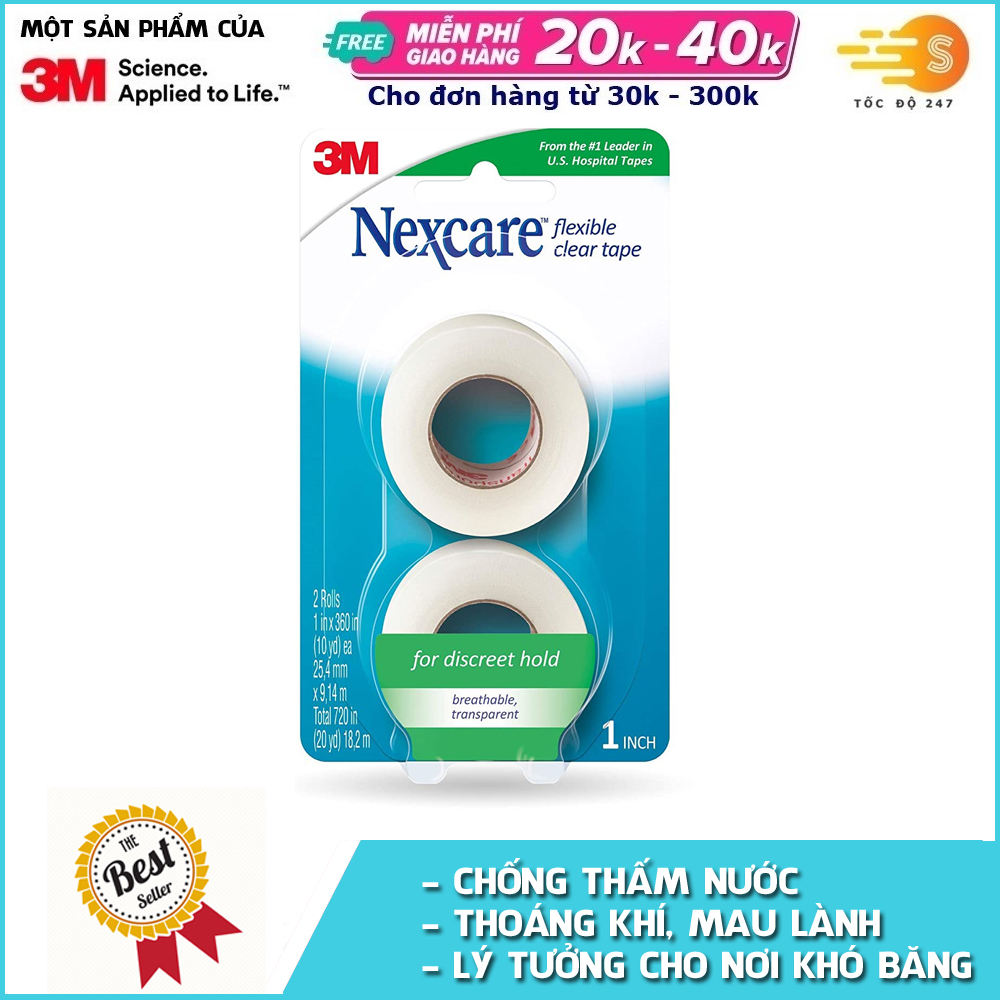 Bộ 2 cuộn băng keo y tế trong suốt cao cấp Nexcare 3M BKYT-771-2PK - Tốc Độ 247 chống thấm nước thoáng khí mau lành