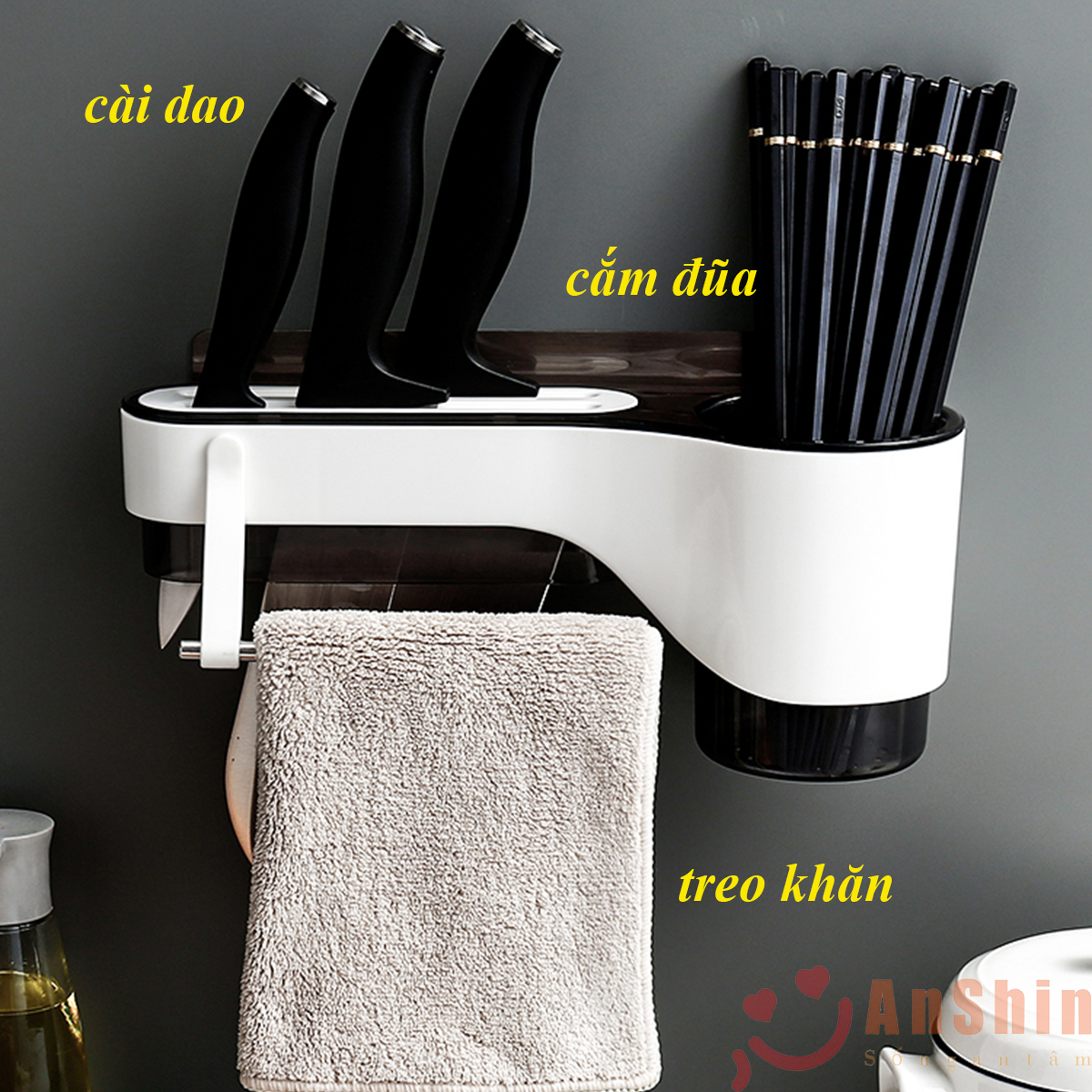 Kệ cắm dao đũa muỗng kèm giá treo khăn - khay treo dao đũa thìa dán tường