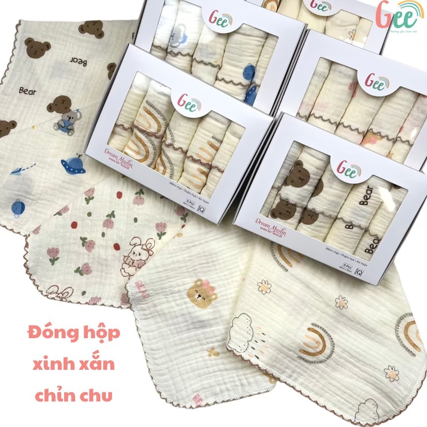 Hộp 5 Khăn Xô Sữa Muslin Gee 2 Lớp Họa Tiết Dễ Thương, ,Mềm Mịn, Thấm Hút Cho Bé KT 30x30cm