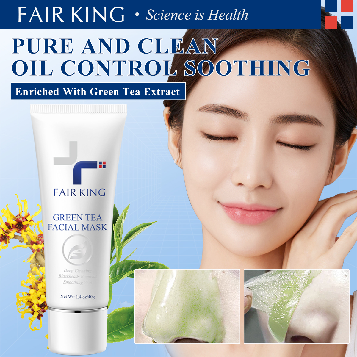 FAIR KING Mặt nạ mụn đầu đen bằng trà xanh Kem kiểm soát lỗ chân lông Sửa mờ tàn nhang Loại bỏ vết thâm Melanin Whitening Facial Cream - intl