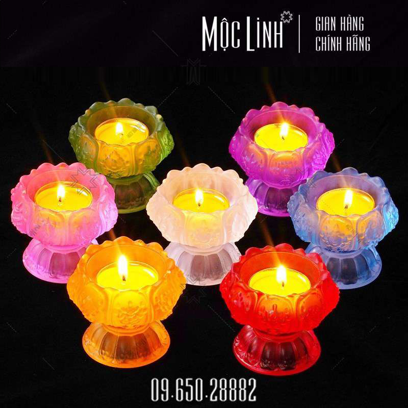 Đế nến thủy tinh lưu ly đơn sắc - Họa tiết hoa sen Phật - Trang trí không gian thờ Việt