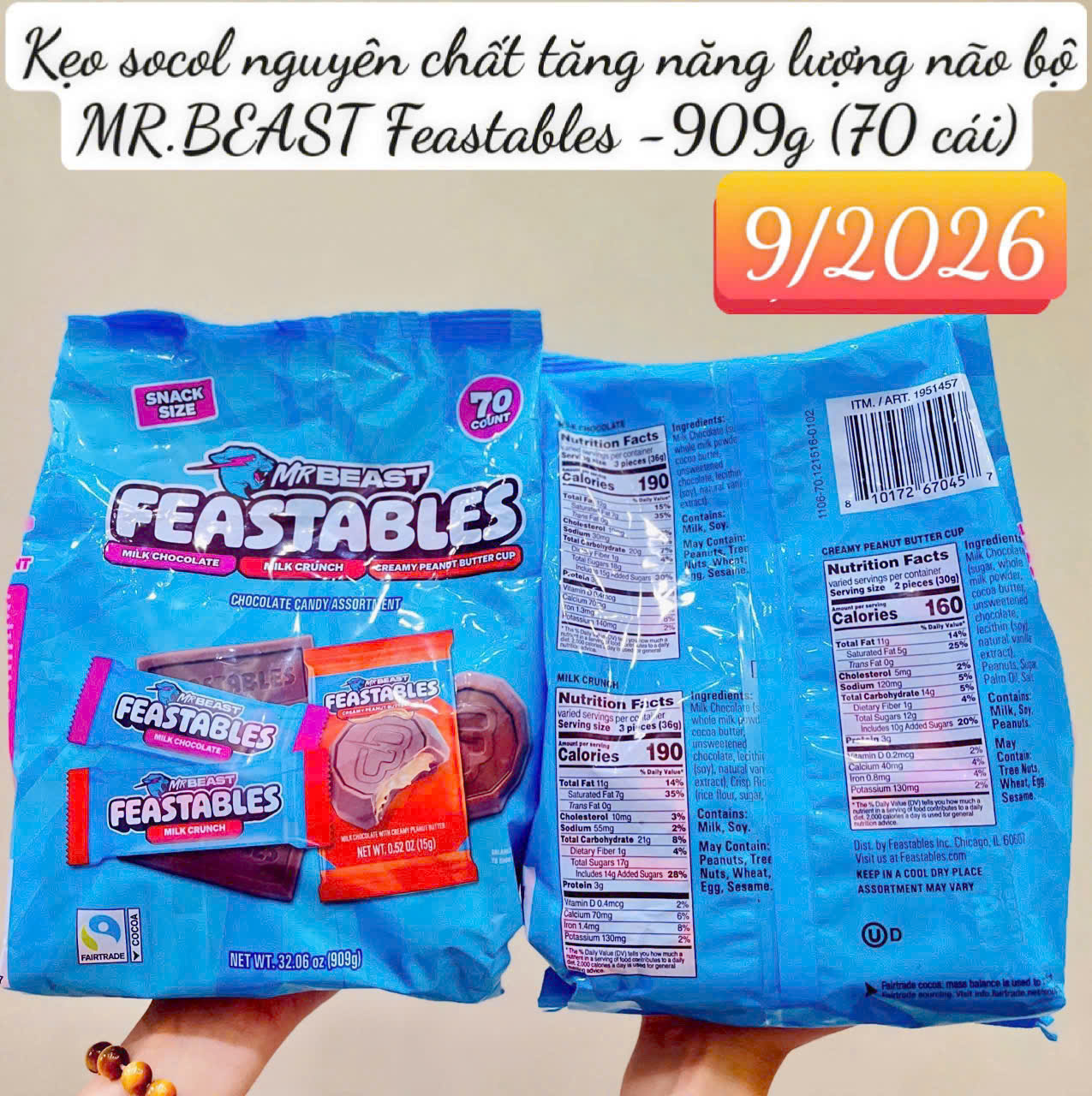 Kẹo Socola nguyên chất Mr.Beast Feastables - gói 909gram (70 cái)