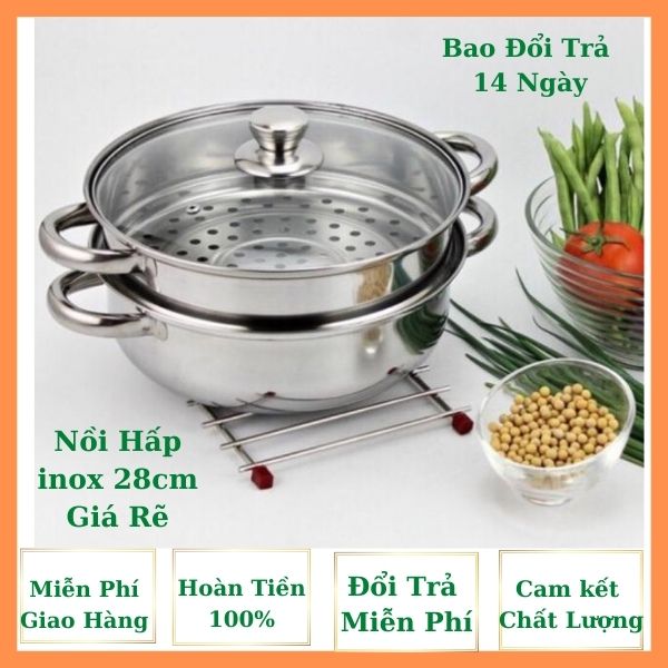 Nồi - Xửng Hấp Inox 2 Tầng 28CM  Đa Năng Nồi Hấp Bánh Hấp Gà...Thiết Kế Dày Dặn Nắp Kính Sang Trọng.