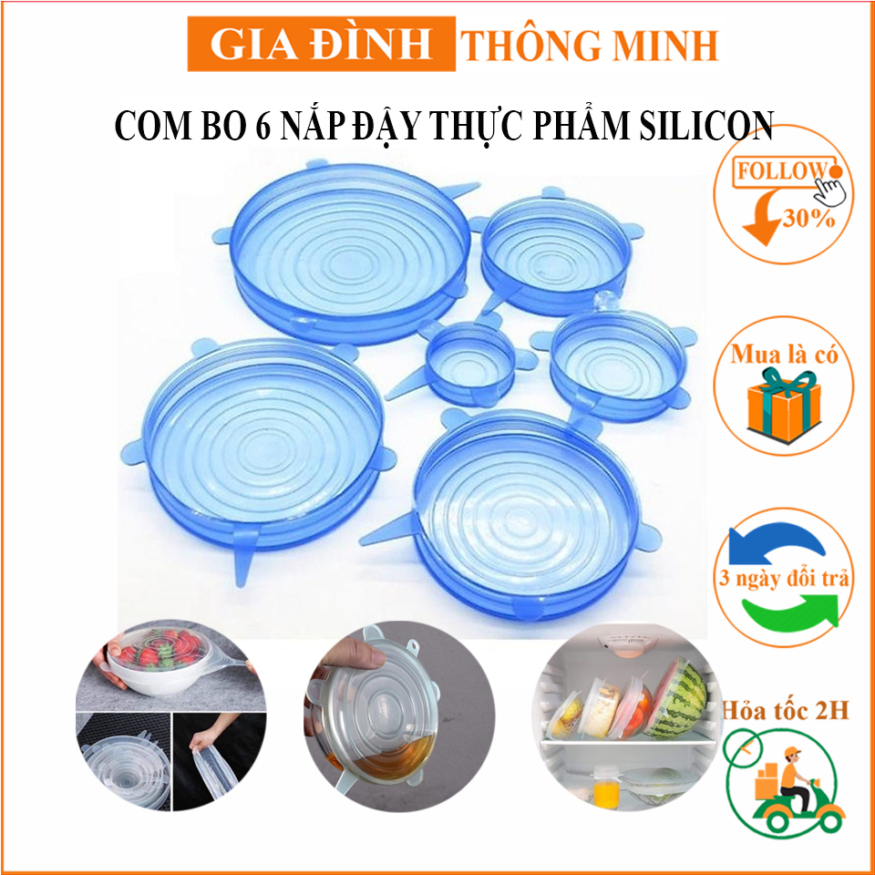 Bộ 6 Nắp Đậy silicon 6 kích cỡ dùng bảo quản thức ăn thực phẩm tiện lợi đa năng