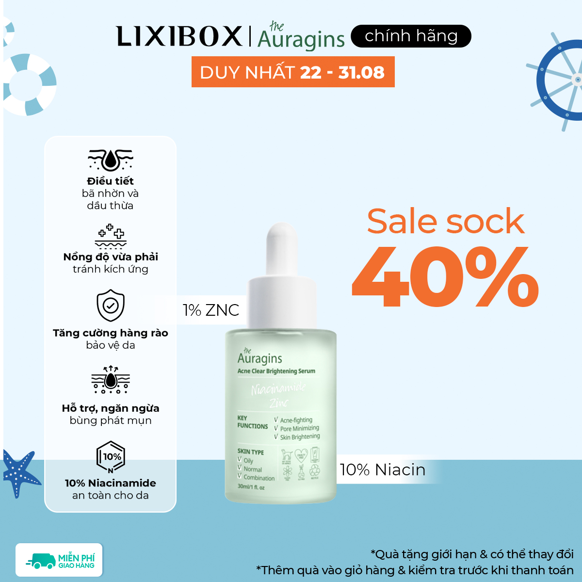 Tinh Chất Cho Da Dầu Mụn The Auragins 10% Niacinamide + 1% Zinc Acne Clear Brightening Serum