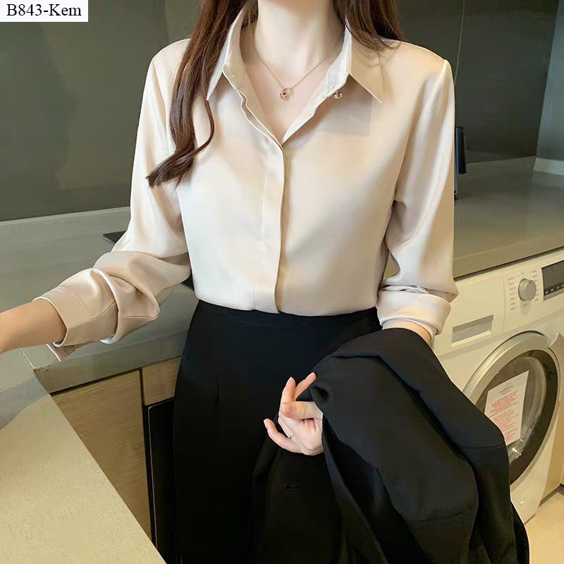 B843 áo sơ mi lụa ngọc đính nút ngọc