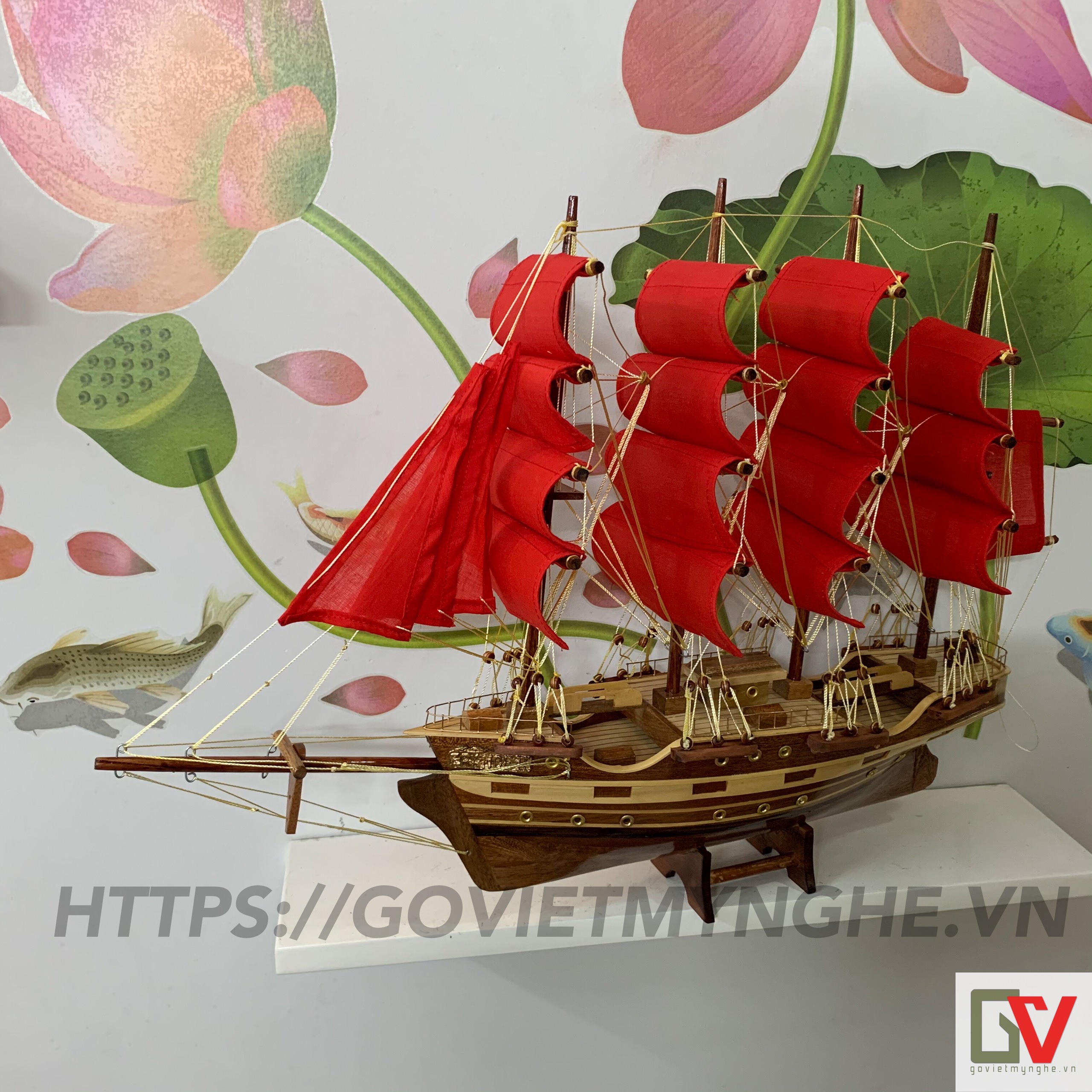 [HCM]Mô hình tàu thuyền gỗ trang trí tàu France II - Thân tàu dài 40cm - Loại 2 - Buồm vải màu đỏ - Gỗ Tự Nhiên