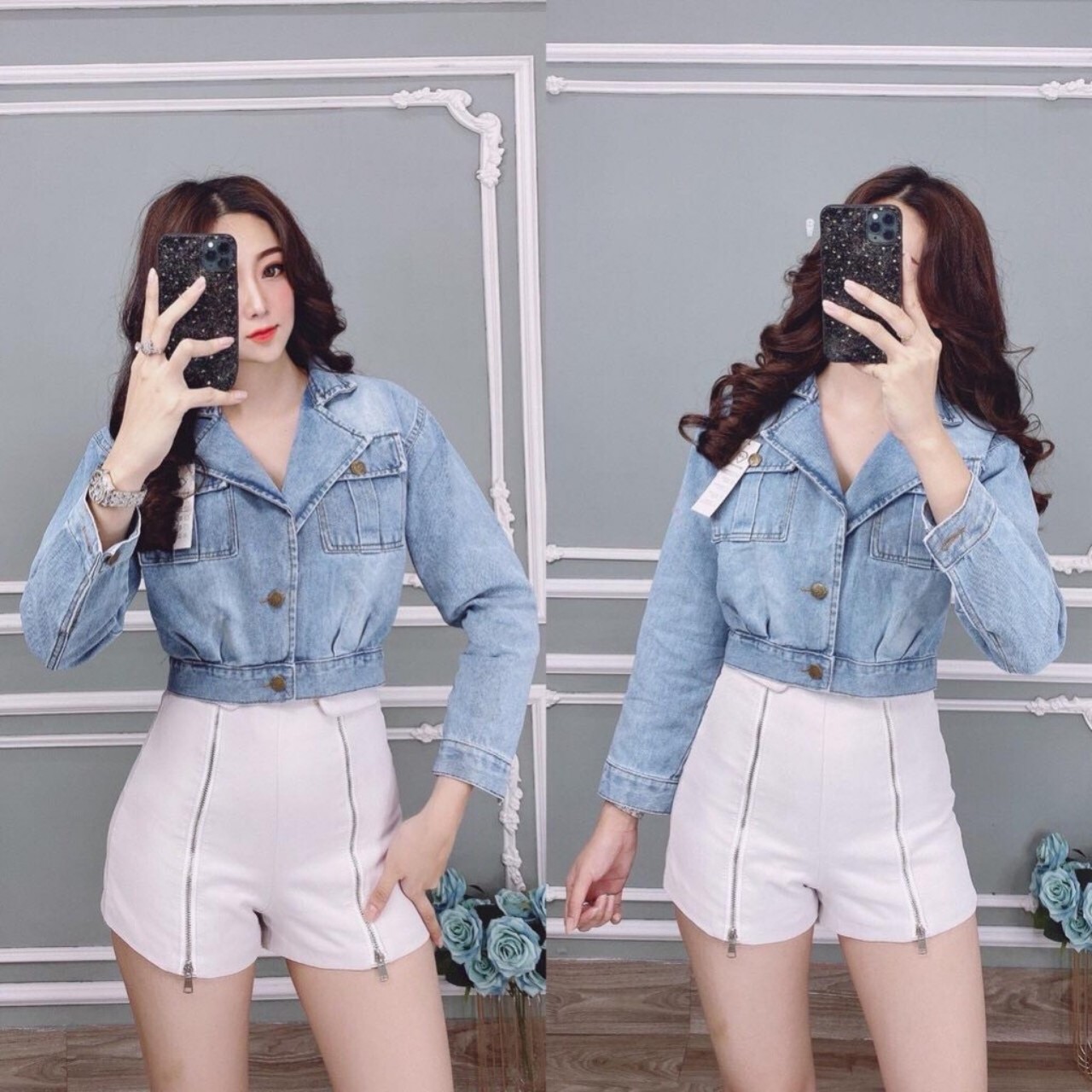 Áo khoác jeans lửng phối cổ vest mẫu cao cấp 2021