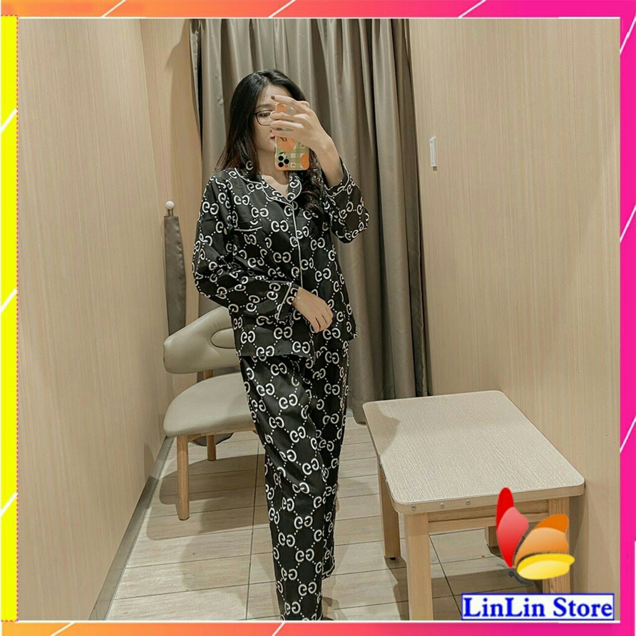 Bộ Đồ Ngủ Dài Tay HỌA TIẾT GG Chất Kate Bộ Pijama Lụa Dài Tay Phù Hợp Cả Nam Và Nữ