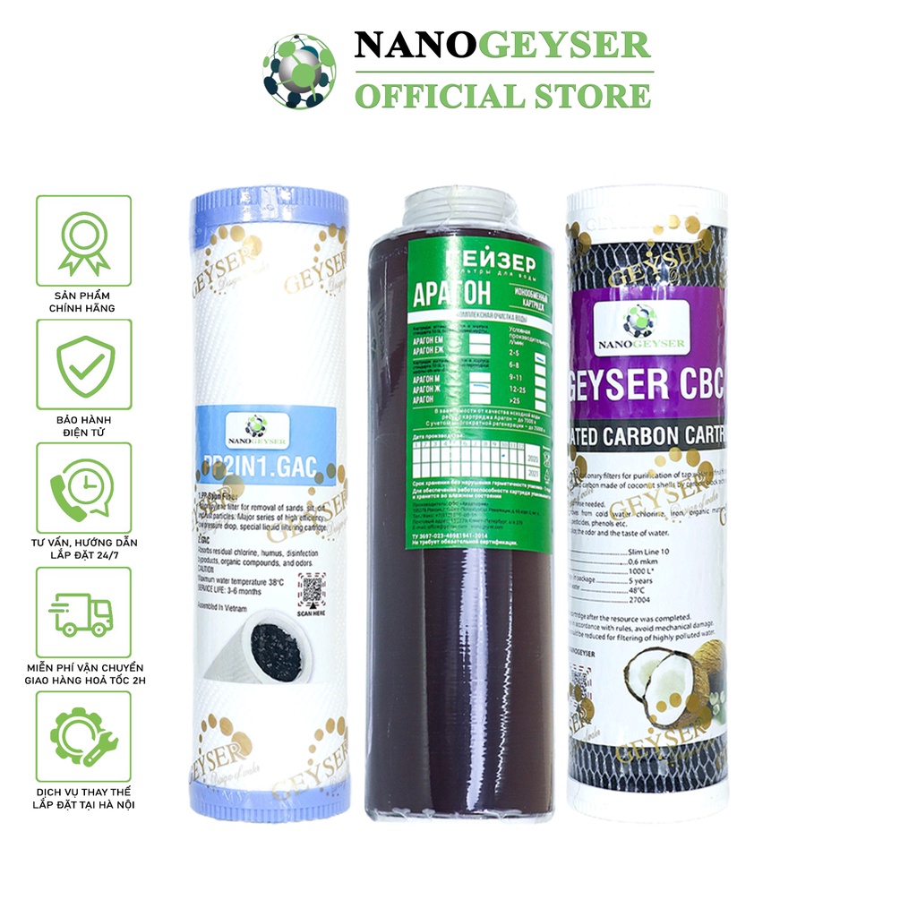 Bộ 3 lõi lọc nước 123 dùng cho máy geyser ecotar 2, lõi pp.2in1.gac, aragon, cbc nano geyser