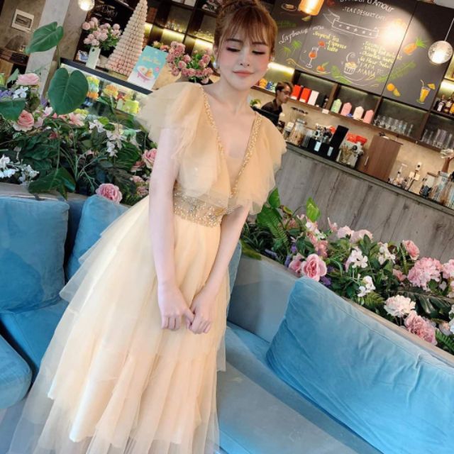 Đầm maxi dự tiệc tầng cánh tiên