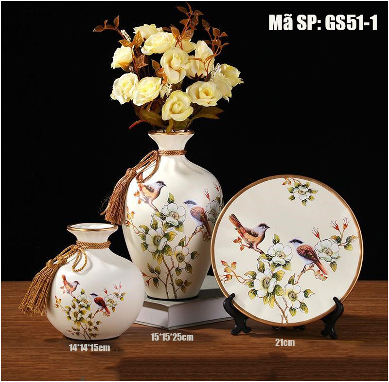 Bộ bình gốm Giang Tây có kèm hoa trang trí ô tủ GS51