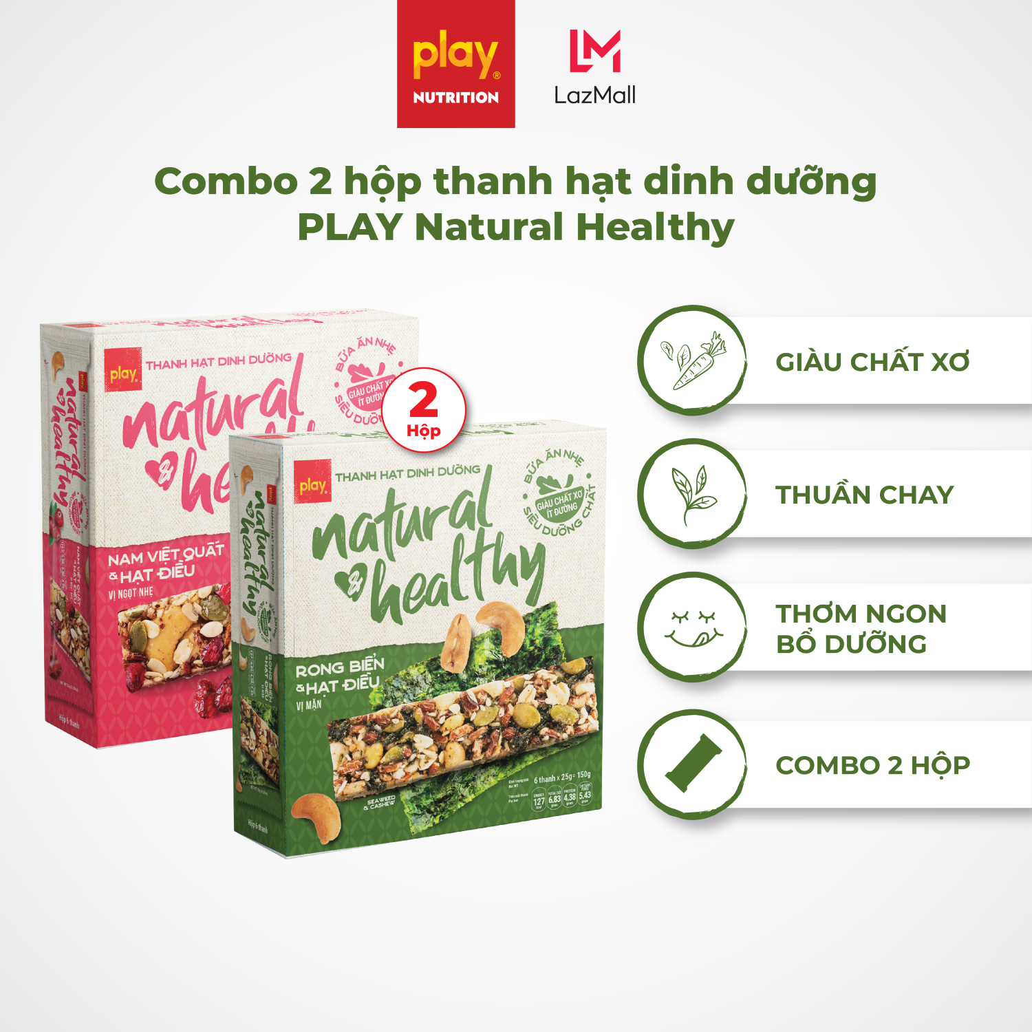 Combo 2 hộp thanh hạt dinh dưỡng PLAY Natural & Healthy - Bánh hạt dinh dưỡng, bánh ngũ cốc ít ngọt