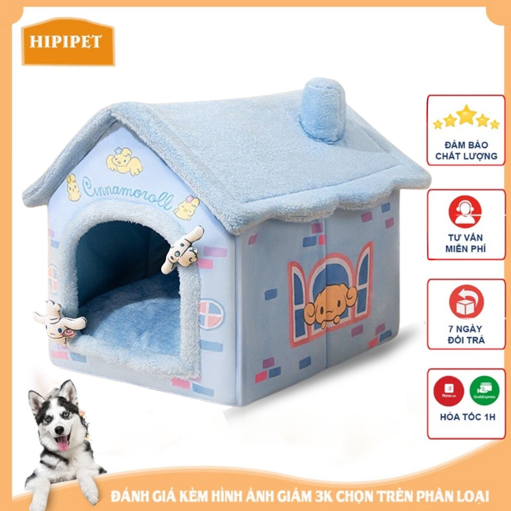 Nhà cho chó mèo Hipipet mái thái  gấp gọn tháo rời giặt giũ dễ dàng vải lông cừu mềm mịn ấm áp