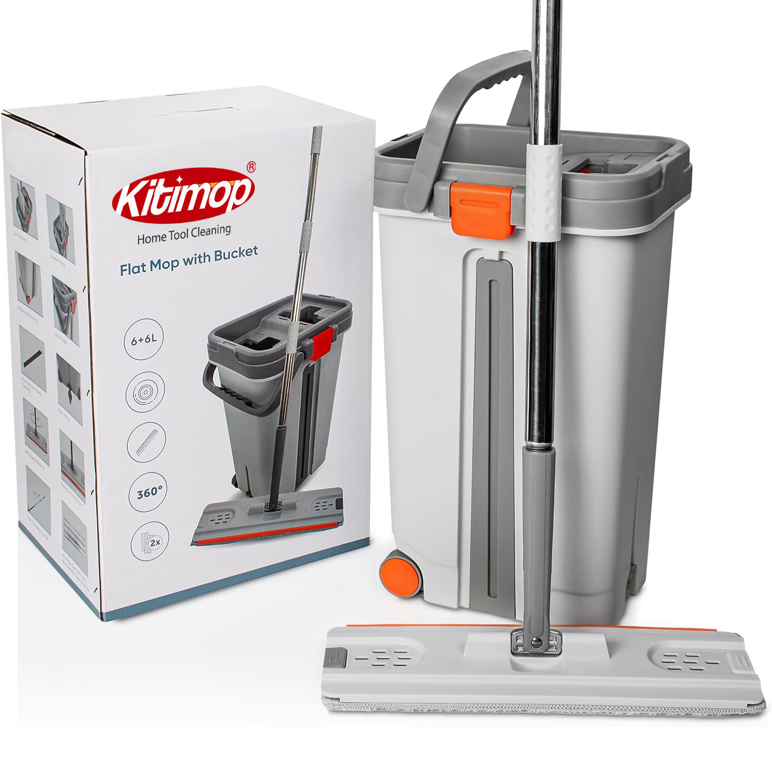 Bộ Cây Lau Nhà Tự Vắt KITIMOP PRO MAX, Thùng Lau Nhà Tự Vắt Thông Minh, Chổi Lau Nhà Xoay 360 Độ