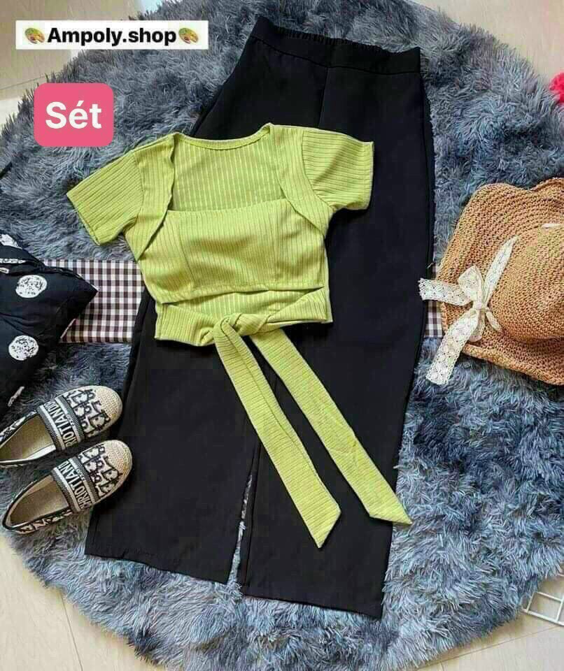 Sét Bộ Quần Ống Rộng & Áo Kiểu Cột Nơ Chất Thun Gân Có Mút HOTTREND