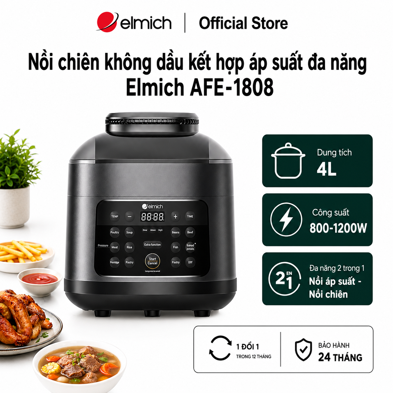 (Chỉ 25-29.06)Nồi chiên không dầu kết hợp áp suất đa năng Elmich AFE-1808