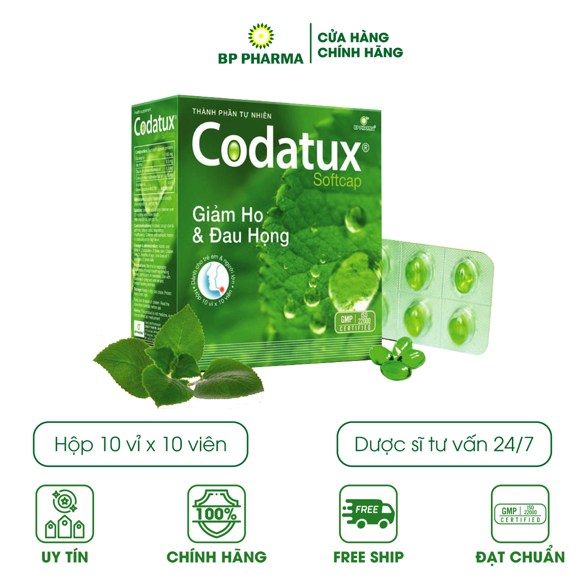 Viên Uống Giảm Ho CODATUX Softcap Hỗ Trợ Giảm Đau Họng, Ho Khan