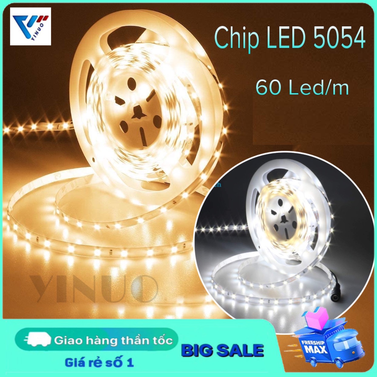 Cuộn đèn LED 5M Chip 5054 12V, Dải Led Độ Sáng Cao Trắng/Vàng, Đèn led dây dán đơn sắc trang trí trong nhà