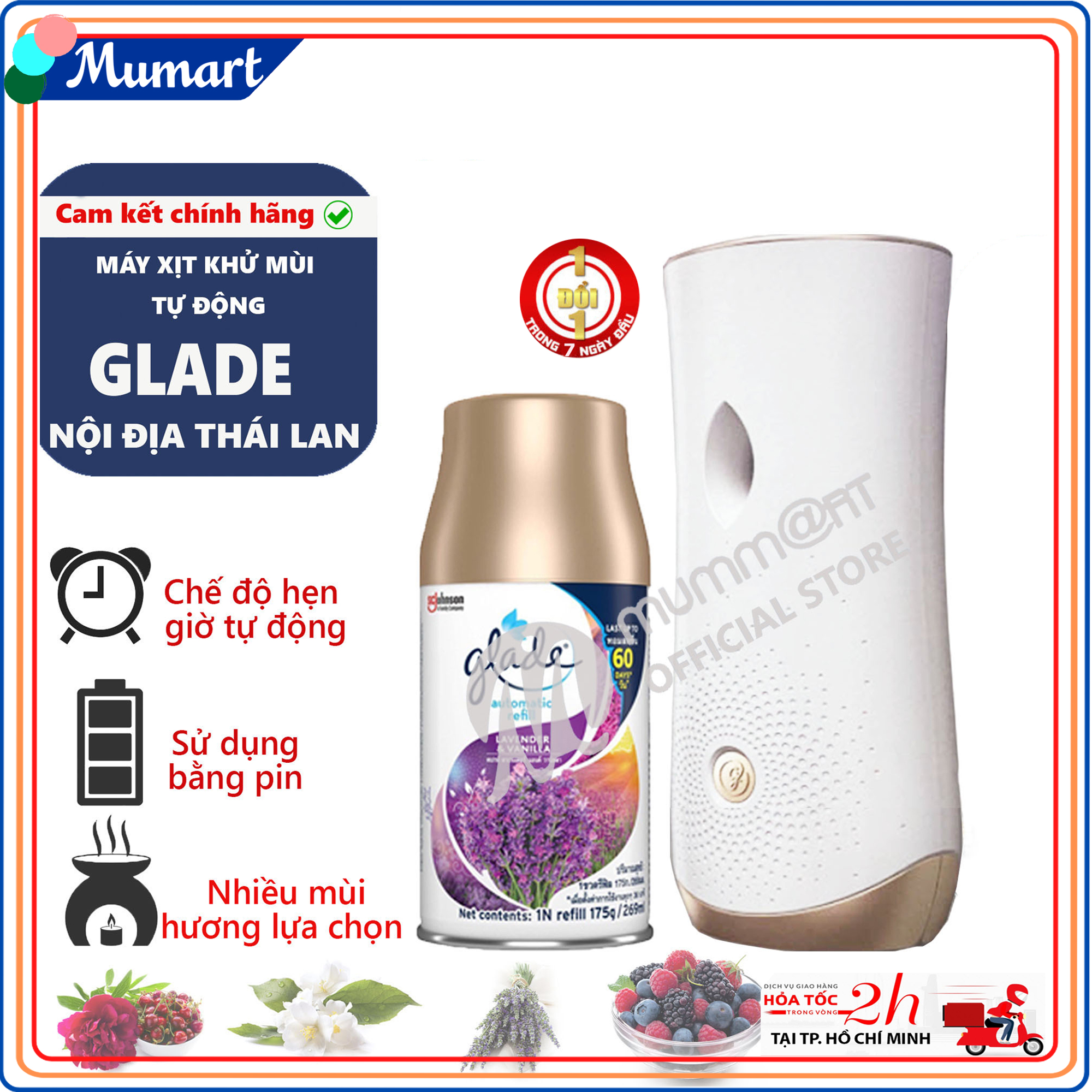 Máy xịt thơm phòng tự động Glade nội địa Thái với lõi sử dụng 60 ngày và nhiều phân loại, Glade automatic spray - Mumart