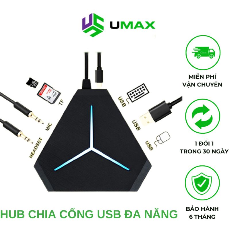 Bộ chia cổng HUB USB mở rộng kết nối đa năng 6 cổng USB tốc độ cao, cổng Audio, đầu đọc thẻ nhớ, đèn LED đẹp rực rỡ