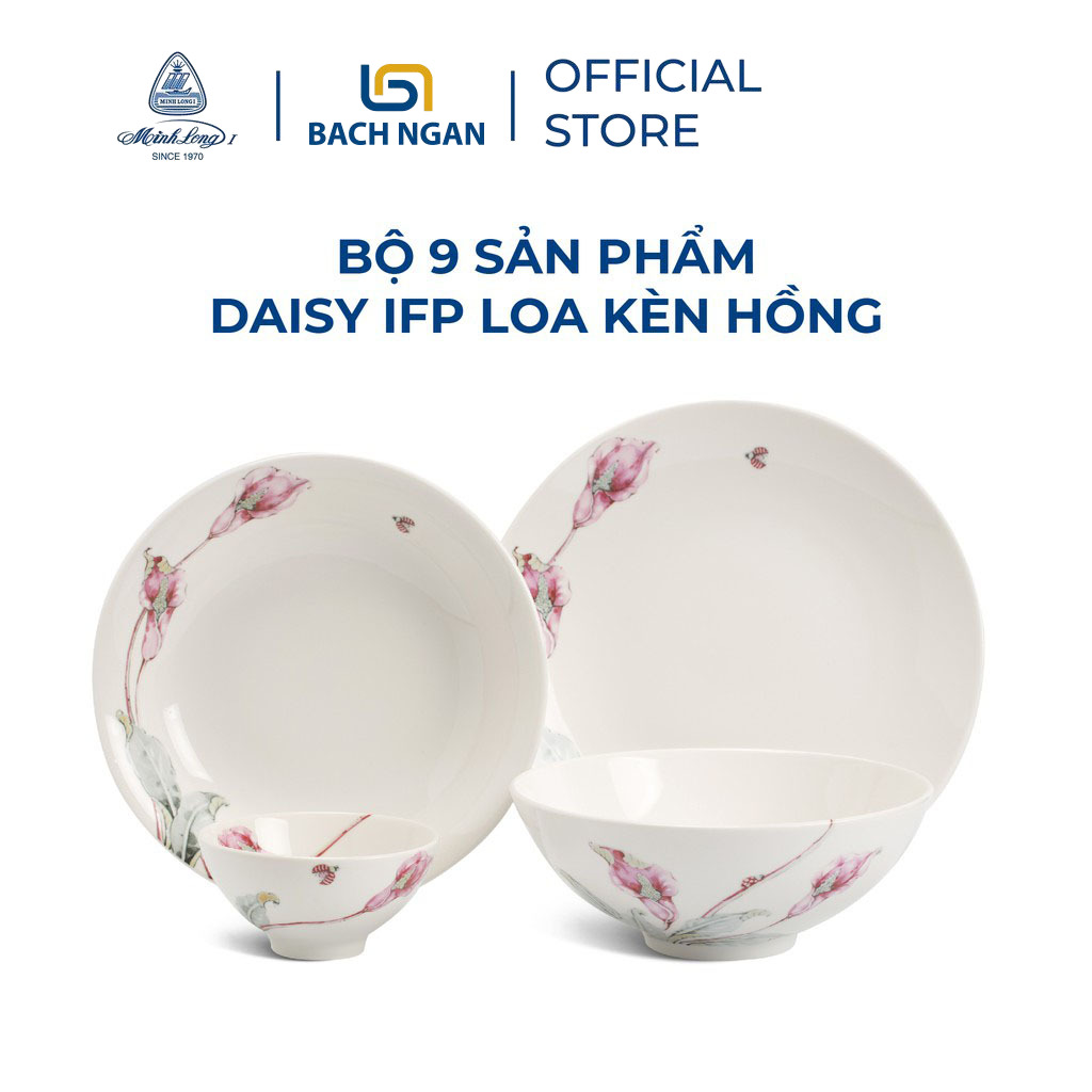 Bộ chén dĩa sứ minh long 9 sản phẩm daisy ifp loa kèn hồng