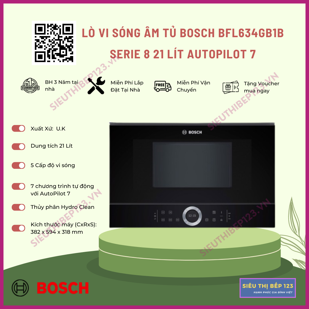 Lò vi sóng âm tủ bosch bfl634gb1b series 8 21 lít mặt kính đen, nhập khẩu u.k