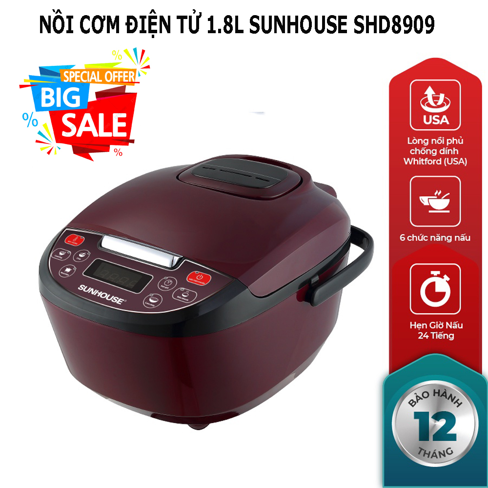 Nồi cơm điện tử 1.8l sunhouse shd8909, nồi cơm điện tử 1.8l. công suất 700w, 6 chế độ nấu tự động, bảo hành 12 tháng.