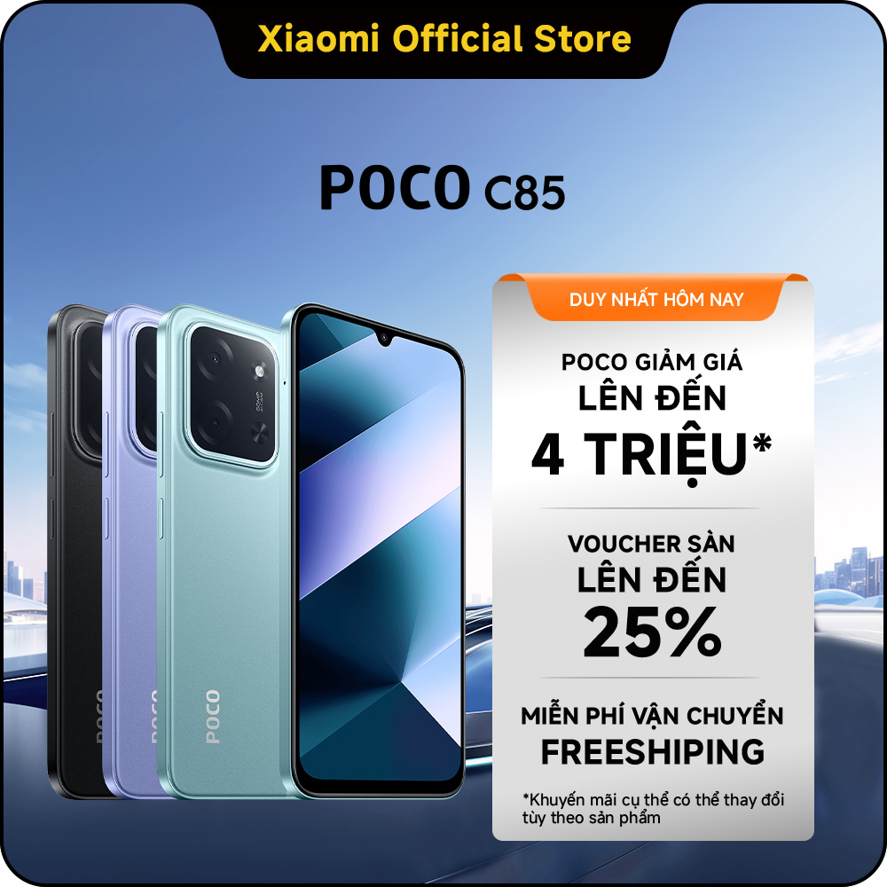 Xiaomi POCO C85 | Pin khủng 6000mAh (typ) | Lên đến 22 giờ xem video | Màn hình lớn 6.9"sống động  | Sạc nhanh 33W | Pin đạt 50% sau 31 phút sạc | Vi xử lý tám nhân mạnh mẽ | Camera kép AI 50MP sắc nét