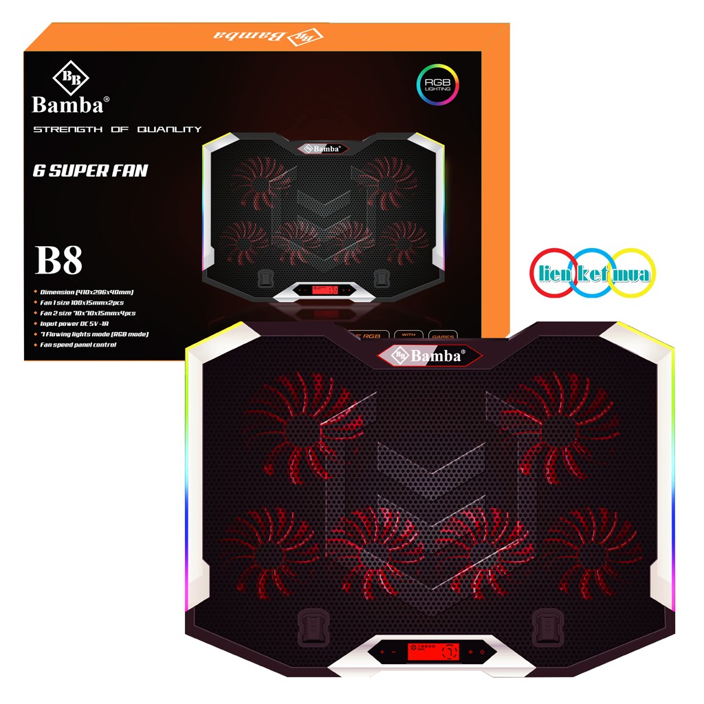 Quạt làm Laptop Bamba B8 có Led RGB ( 6 Quạt) - Đế tản nhiệt Laptop có Led RGB