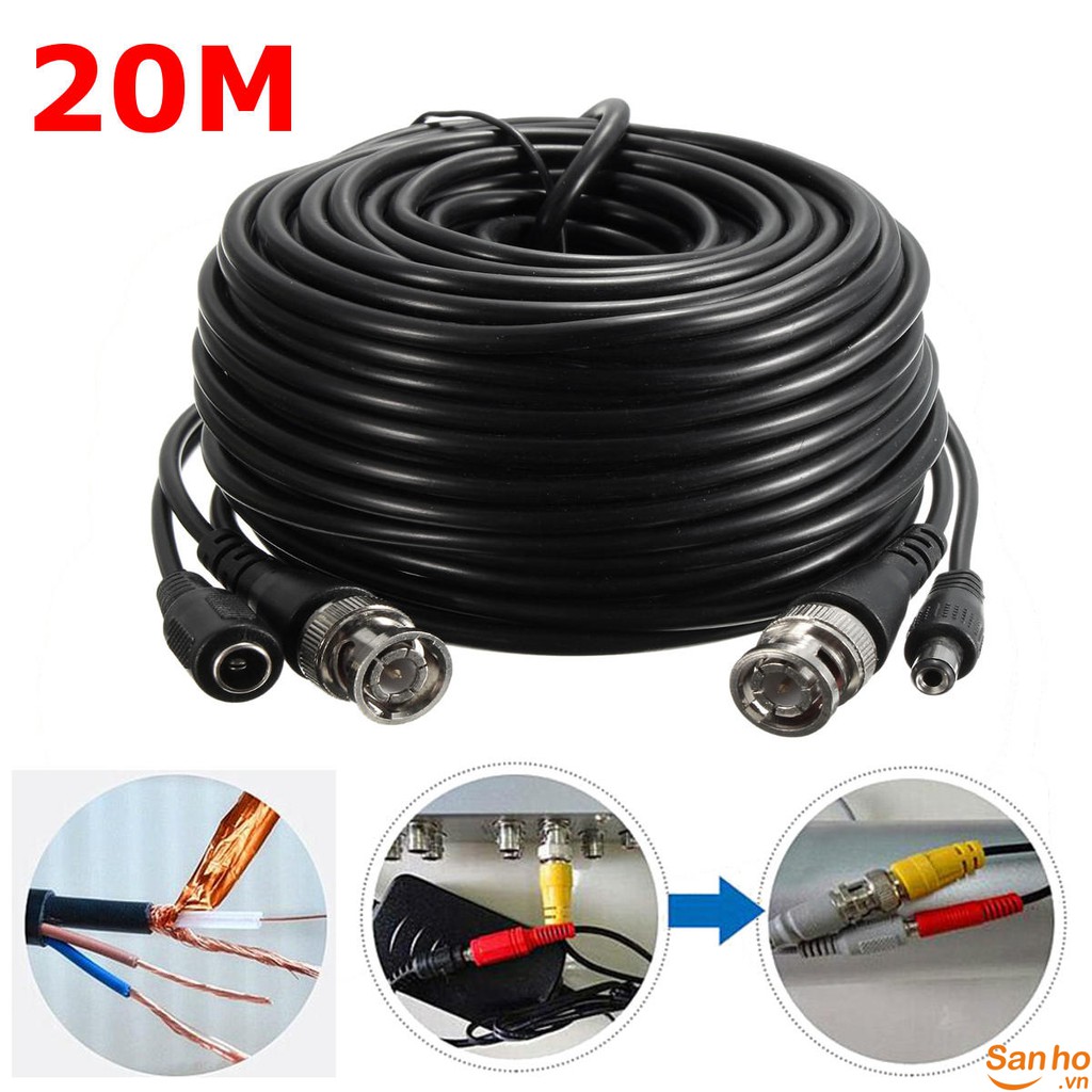 Cáp camera có nguồn và đầu BNC sợi nhỏ tiện lợi 20M