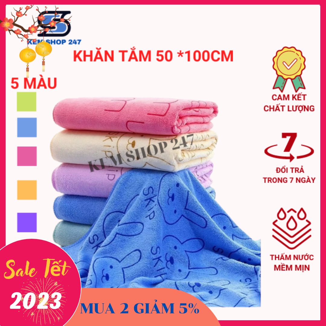 Set 5 Khăn tắm 50x100cm sợi Microfiber cao cấp siêu mềm mịn, hút nước, không ra màu dùng được cho trẻ nhỏ