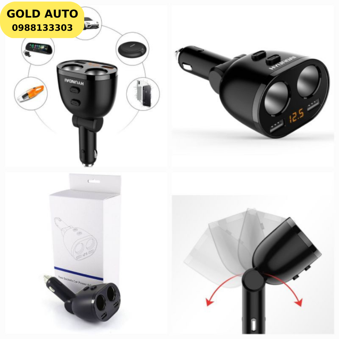 Bộ chia tẩu xe hơi, bộ chia tẩu sạc xe hyundai cao cấp 2 lỗ, 2 cổng sạc usb hỗ trợ sạc nhanh các thiết bị