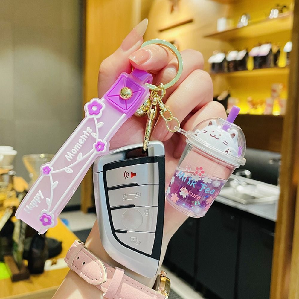 Qbhdia trang sức mô phỏng phi giới tính cốc trà sữa móc khóa nước ngọt cát lún chất lỏng trôi nổi mặt dây chuyền ba lô charm gắn túi móc khóa cát lỏng móc khóa mèo cốc trà sữa hoa anh đào móc chìa khóa