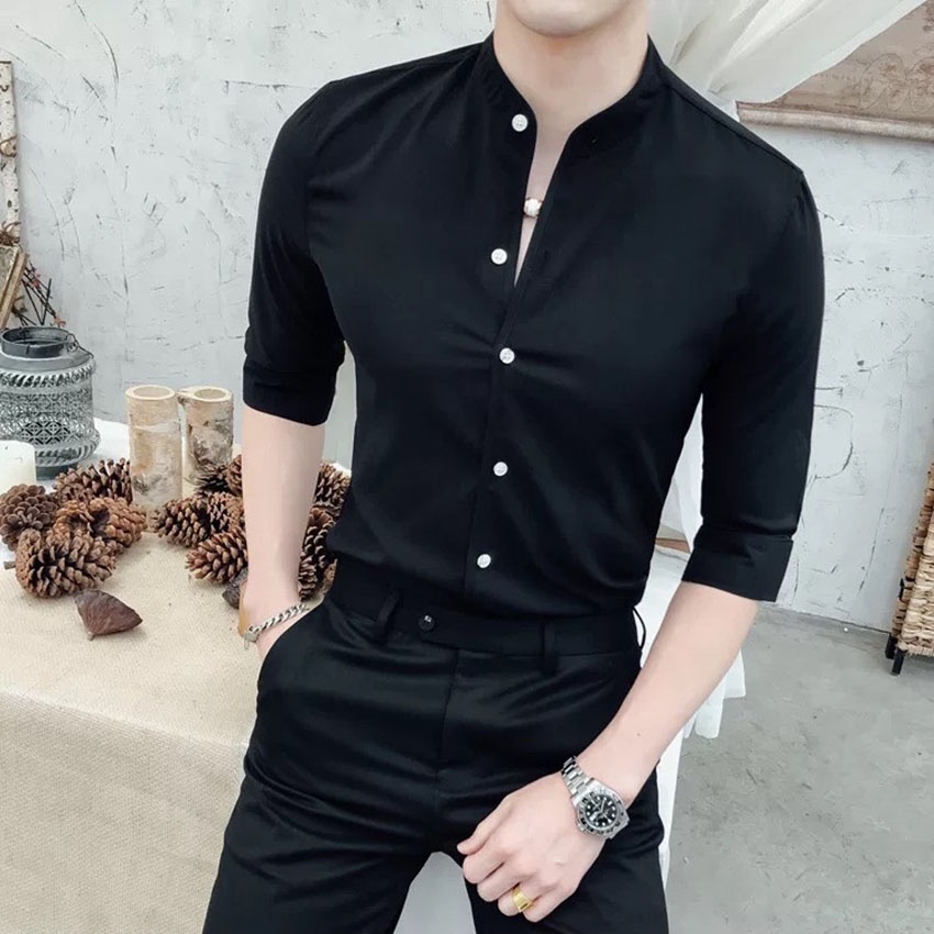 Áo Sơ Mi Nam Dài Tay ZOZO Sơ mi cổ tàu thời trang nam Dáng Ôm Body Hàn Quốc Vải Mịn Mát Ao so mi nam dai tay Cổ Trụ Không Nhăn