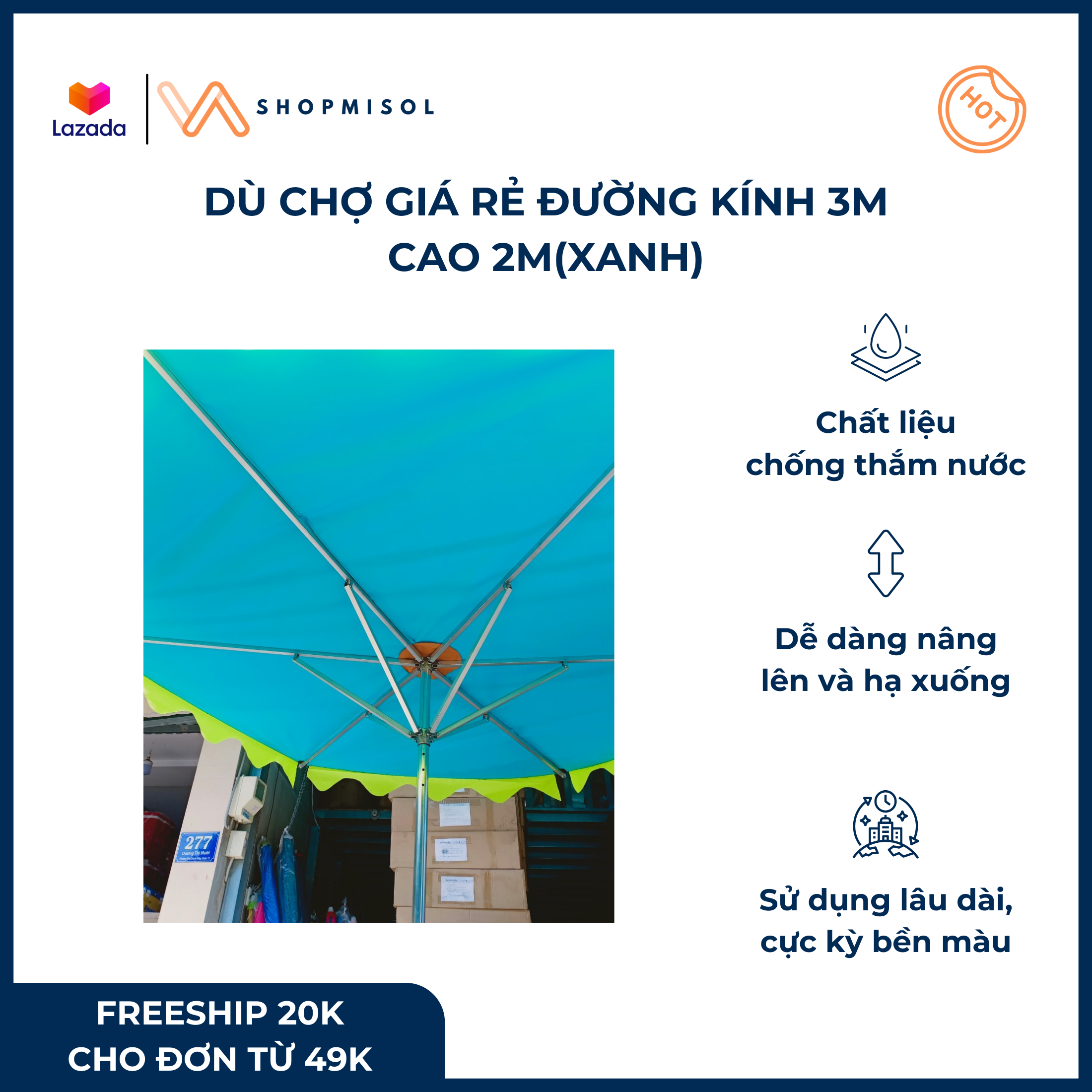 [HCM]Dù chợ loại lớn dù che nắng ngoài trời dù che nắng KHÔNG KÈM ĐẾ - Đường kính 3m cao 2m chất liệu Polyester chống thắm nước bền màu độ bền cao sử dụng lâu dài