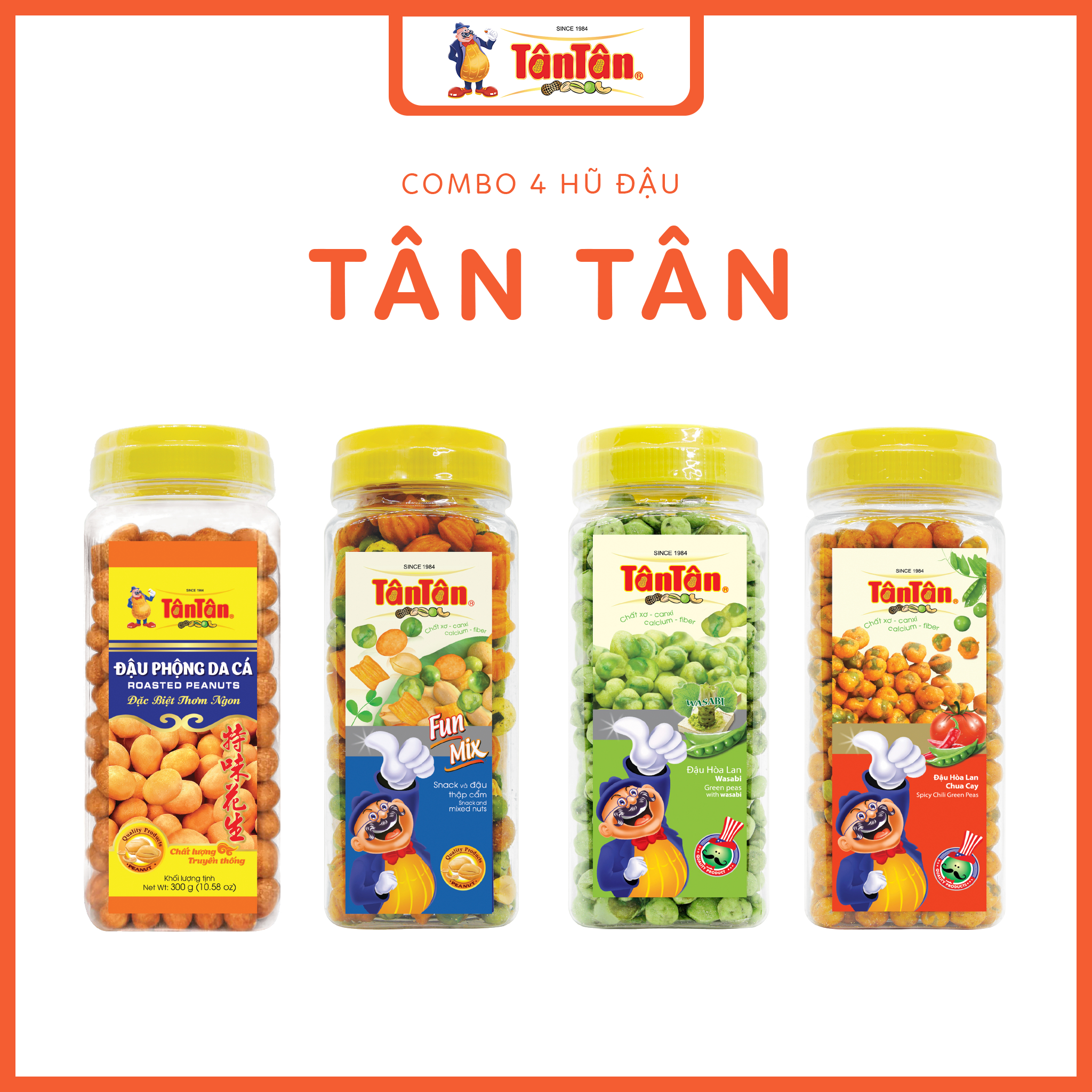 Combo 4 hũ Đậu Tân Tân: Da cá 300g, Snack &  Đậu thập cẩm 200g, HL Wasabi 190g, HL Chua Cay 190g