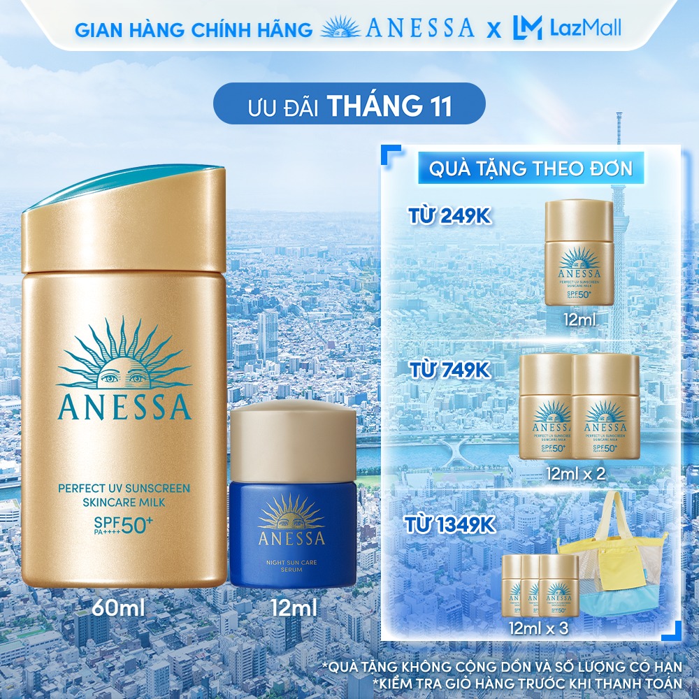 Bộ đôi Kem chống nắng dạng sữa dưỡng da bảo vệ hoàn hảo Anessa Perfect UV Skincare Milk SPF 50+ PA++++ 60ml + Serum dưỡng da và phục hồi da sau nắng Anessa Night Sun Care Serum 12ml