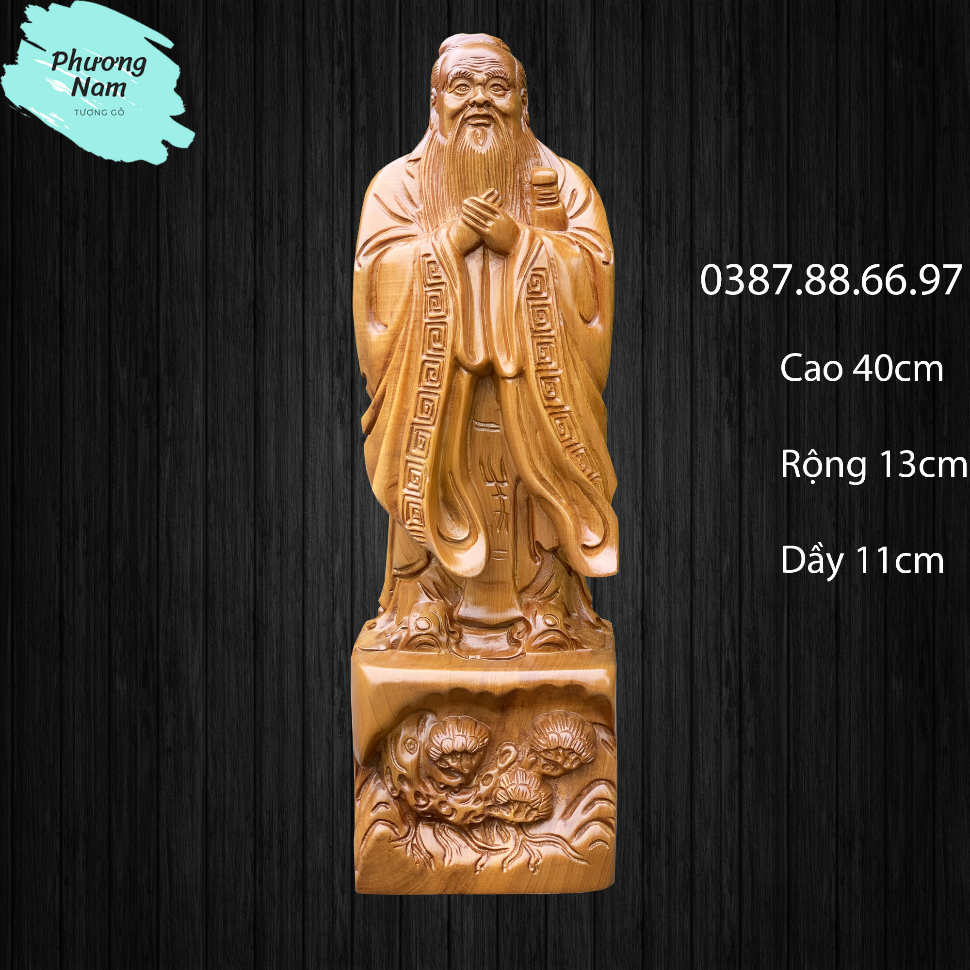 Tượng khổng tử cao 40cm chất liệu gỗ bách xanh