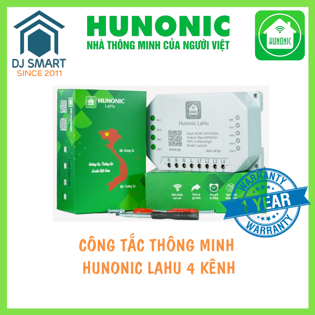 Tặng vít thử điện cảm ứng - Công tắc thông minh Hunonic Lahu 4 kênh ( 500W/kênh ), điều khiển mọi thiết bị từ xa qua điện thoại, CHÍNH HÃNG BH 12T