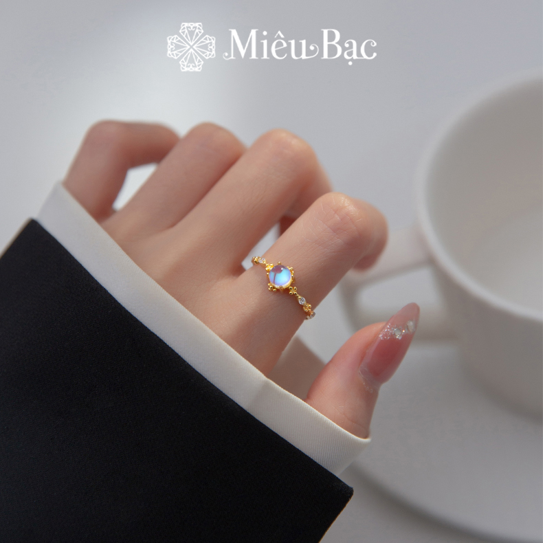 Nhẫn bạc nữ Miêu Bạc Đá Mặt Trăng Tròn dễ thương 2 màu vàng bạc chất liệu bạc 925 phụ kiện trang sức nữ MN30