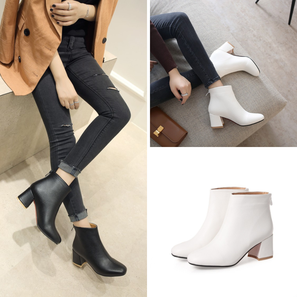 Giày boot trắng cổ ngắn ĐƠN GIẢN  gót vuông, mũi vuông cao 6cm 2 màu ĐEN/ TRẮNG THỜI THƯỢNG GBN35