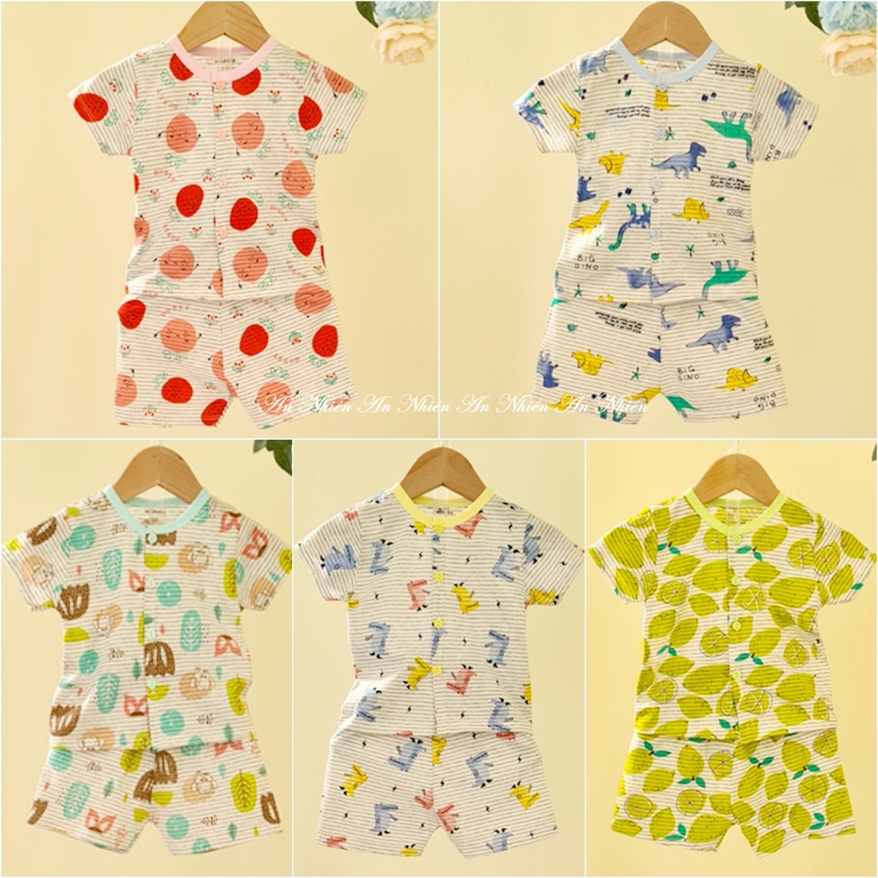 Bộ quần áo cài khuy cotton xuất khẩu siêu mát siêu xinh cho bé trai bé gái 3-10kg