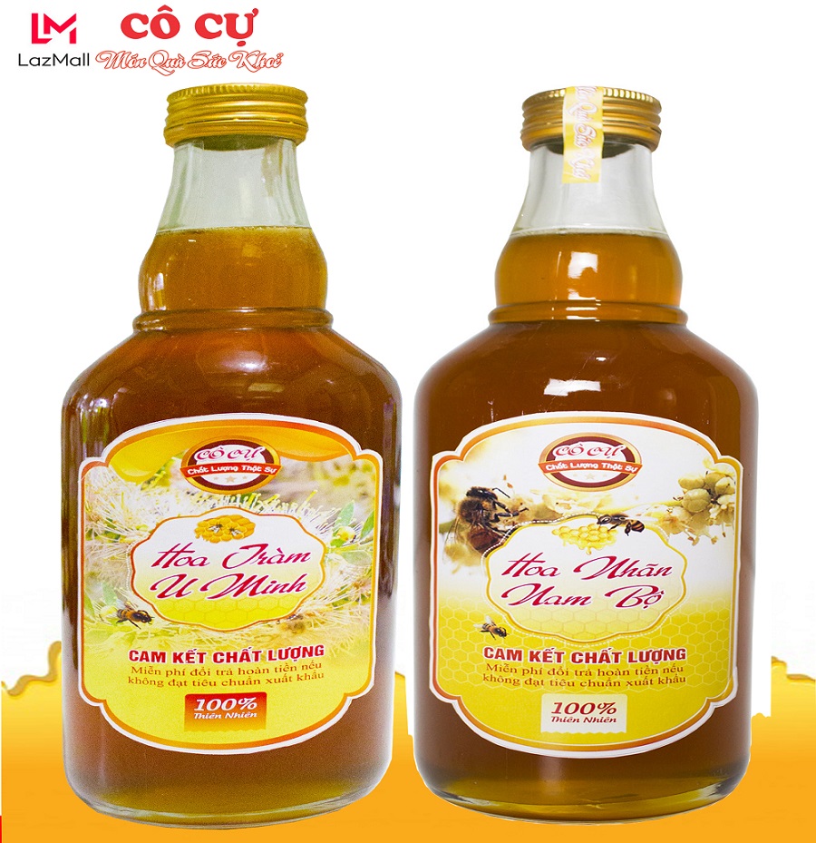 Combo 2 chai: mật ong nguyên chất hoa nhãn nam bộ 500ml + mật ong hoa tràm u minh 500ml thương hiệu Cô Cự
