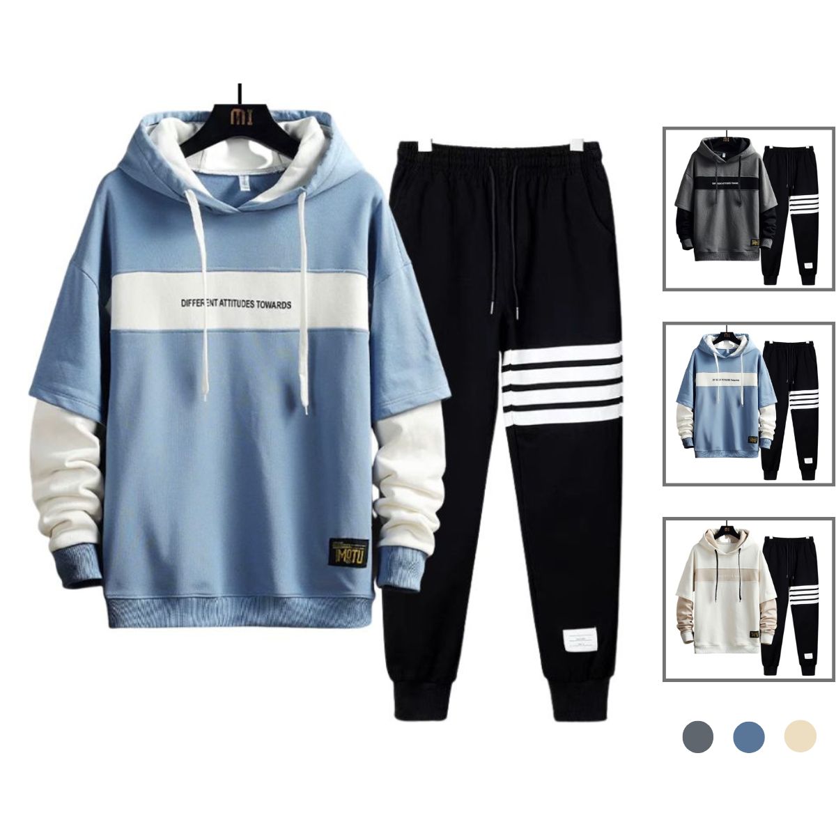 Set Đồ Nam Áo Hoodie Nỉ Phối Tay Dài Form Rộng Kèm Quần Dài Kẻ Ngang Bo Gấu Thời Trang Menkind T251 + QUAN NAM 1000102